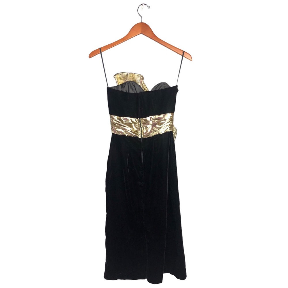 Vintage Art Deco Cocktail Dress M Black Velvet Gold Origami Fan Dave & Johnny - Picture 4 of 8